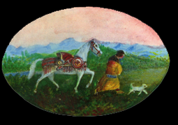 A painting depicting a person walking with a horse and dog